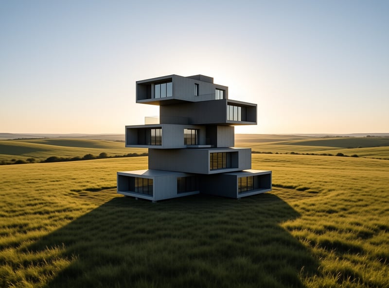 A geometric concrete building stands isolated in a vast green field under a clear sky during golden hour.
