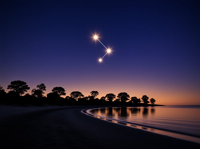 Three bright stars form a connected pattern in the gradient sky above silhouetted trees and reflective water.