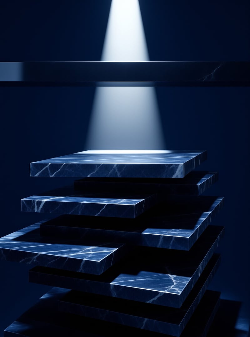 Layered blue stone platforms rise in darkness as a bright beam highlights the upper tiers.