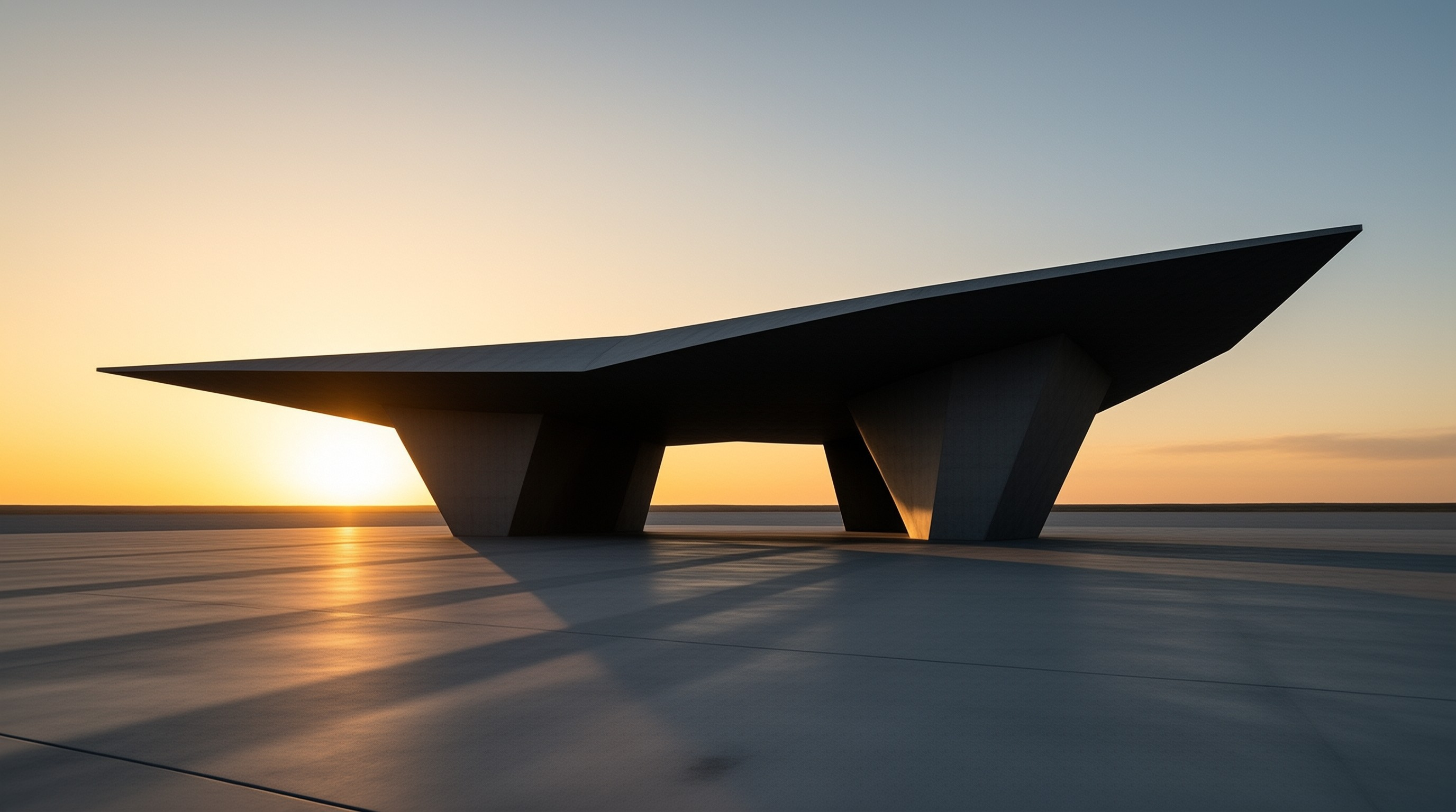 A sharp angular concrete pavilion stands on a smooth reflective vast flat plain, bathed in warm golden sunset light that casts long soft shadows across the surface.