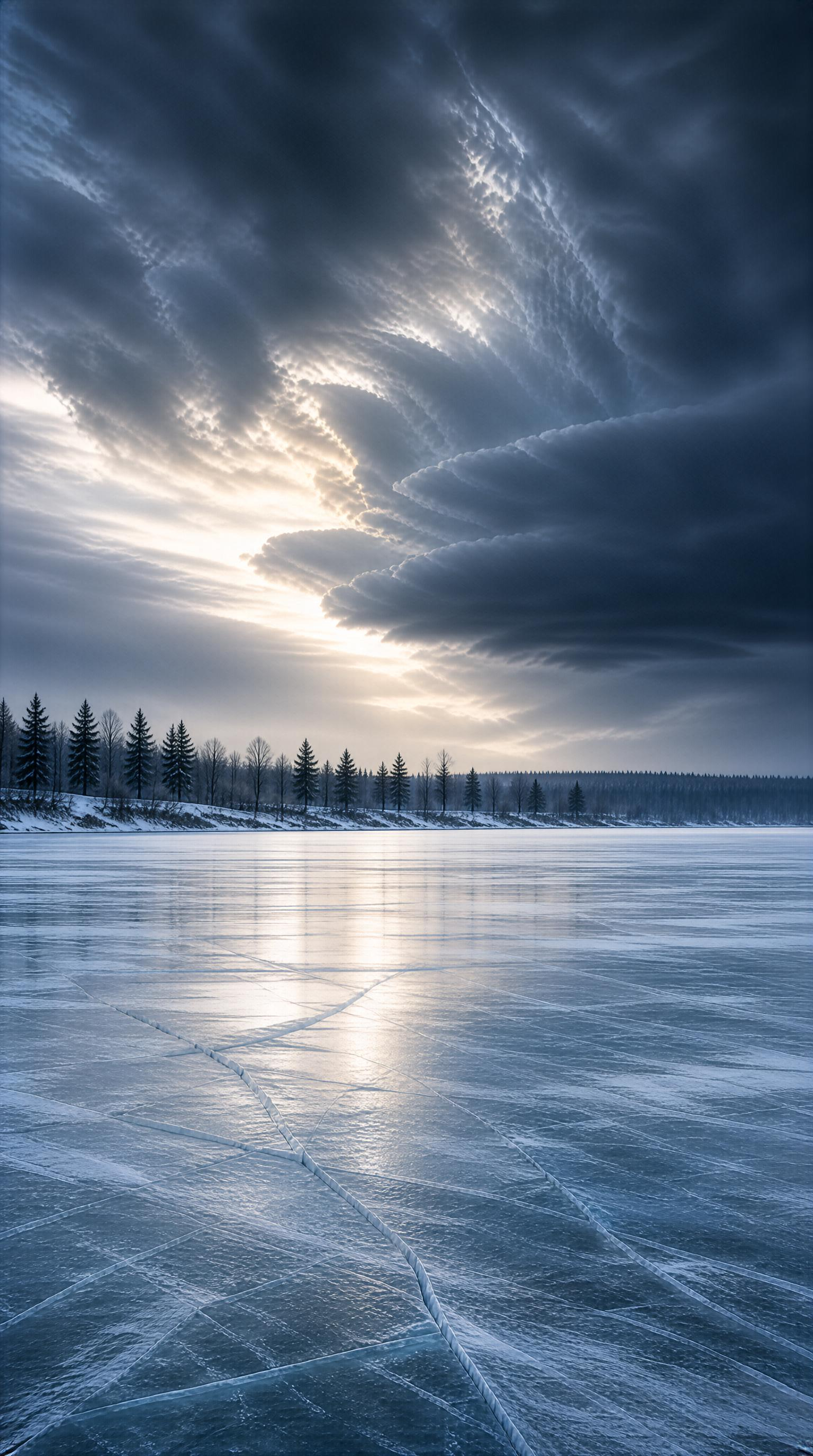 Frozen Lake Under Stormy Sky