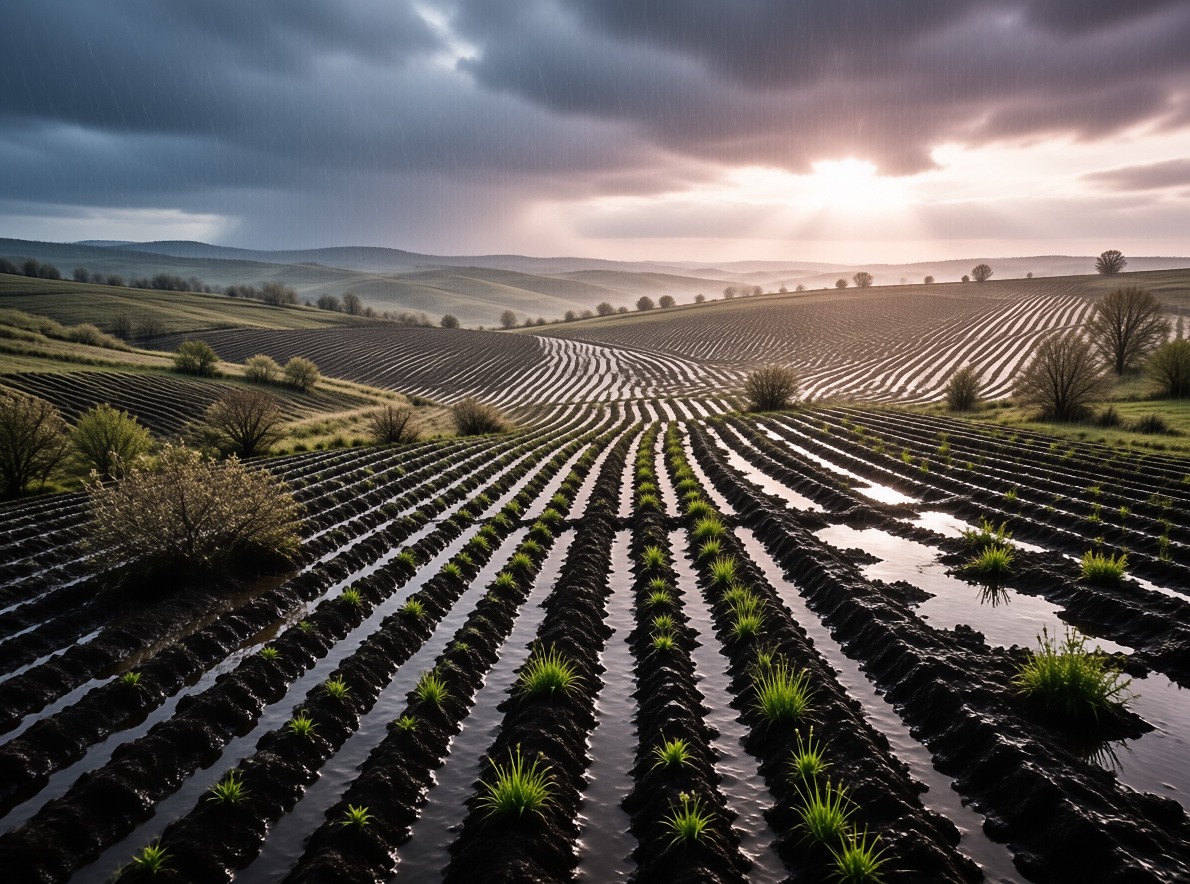 Wet Plowed Hills at Sunrise