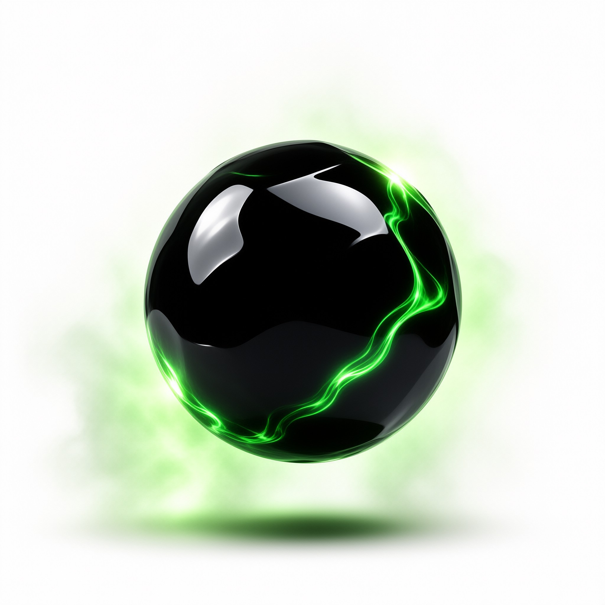 A shiny black orb is suspended in white space, featuring bright green squiggly lines that look like electricity.