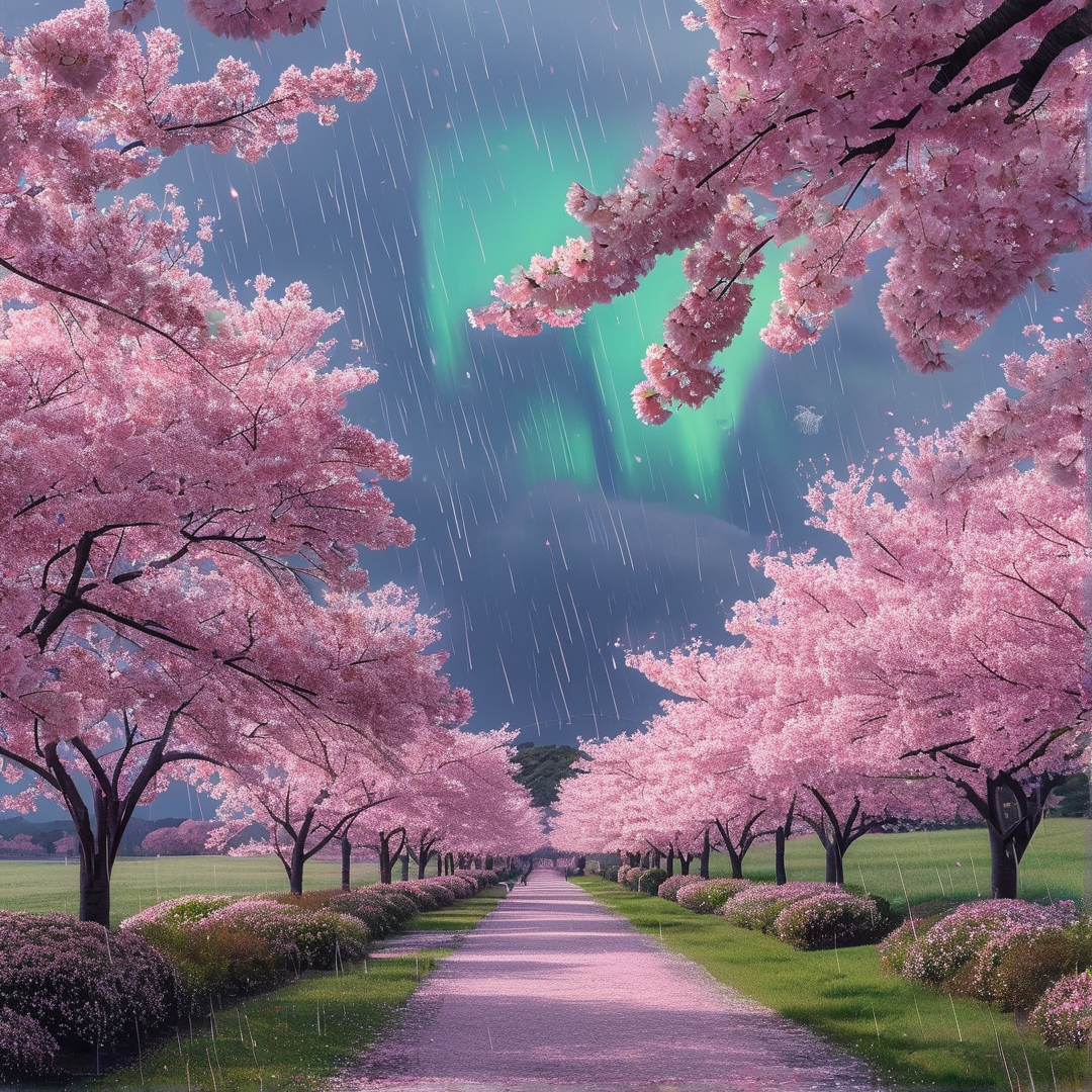 Aurora over Cherry Trees