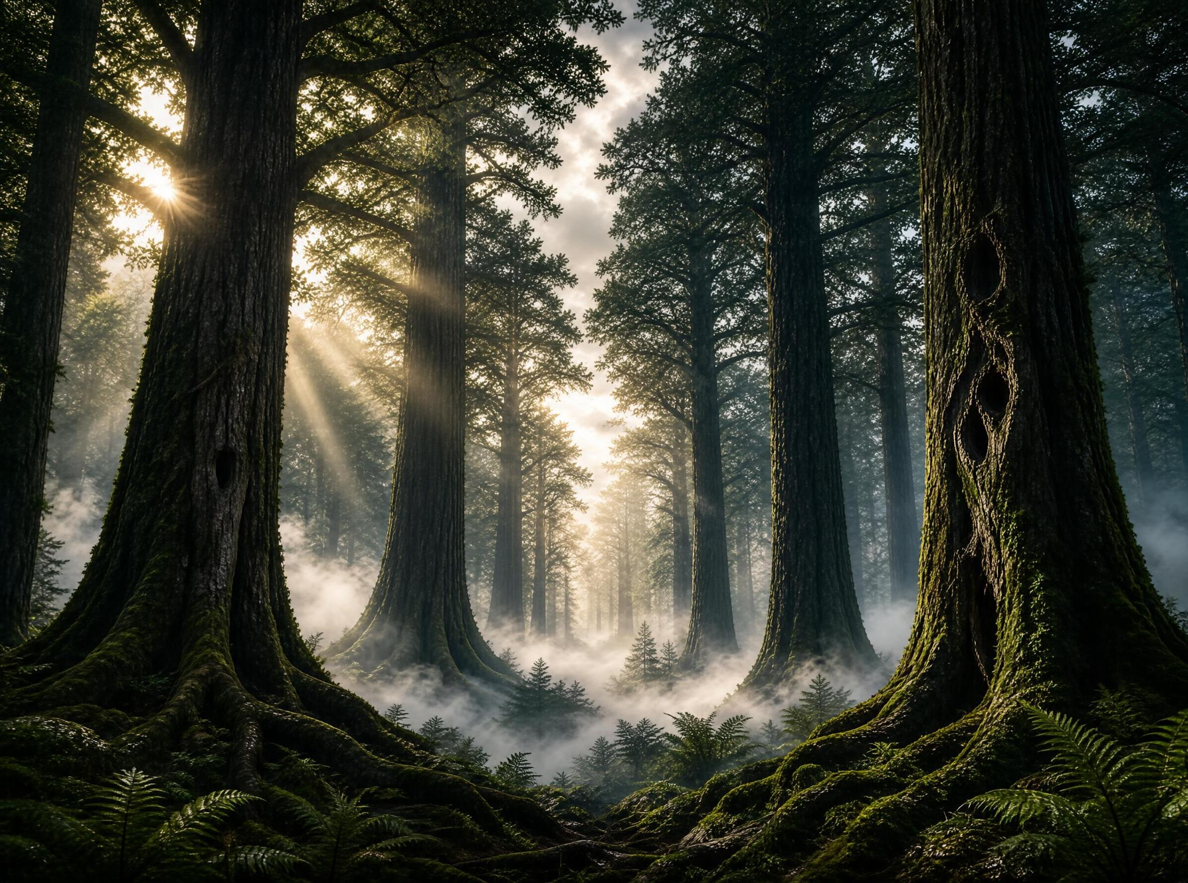 Giant Trees in Misty Forest