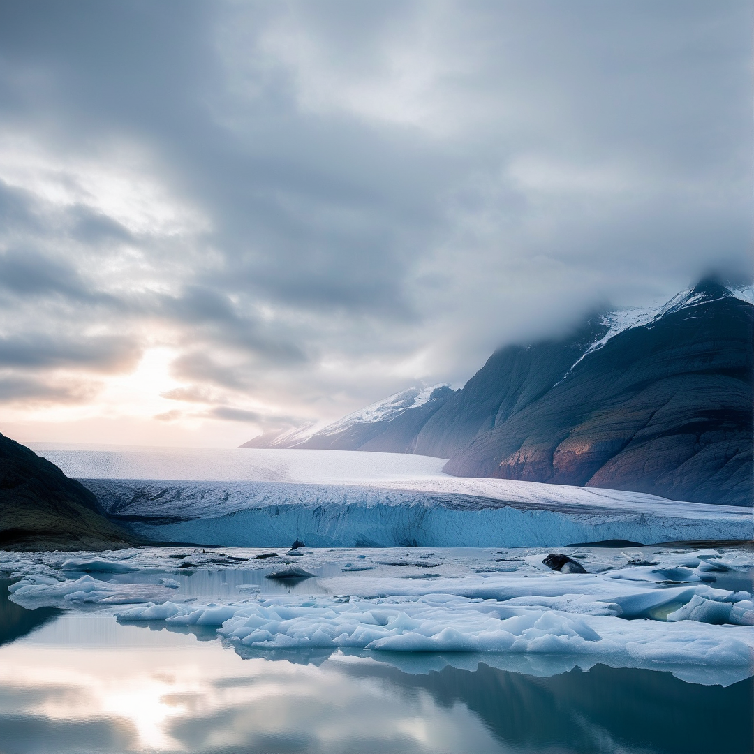 A vast ice shelf meets dark water filled with floating chunks while steep mountains rise in the misty background.