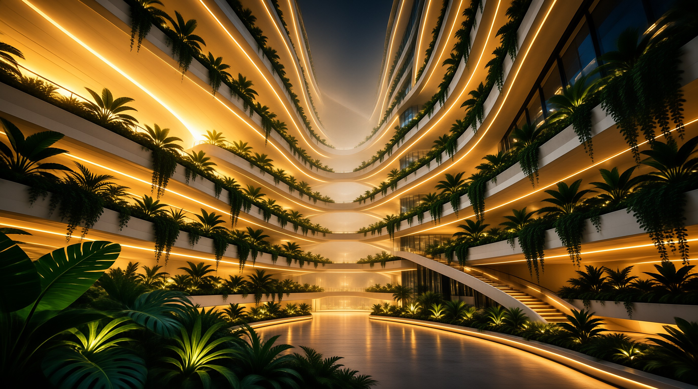 Futuristic atrium with multiple levels of lush tropical plants and glowing yellow light strips along curved white balconies.