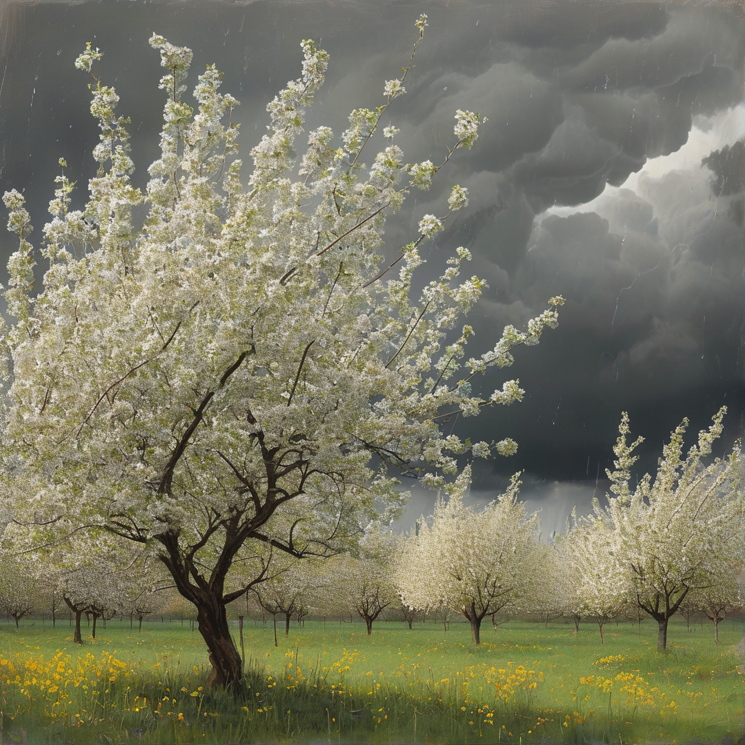 Orchard Under Stormy Skies