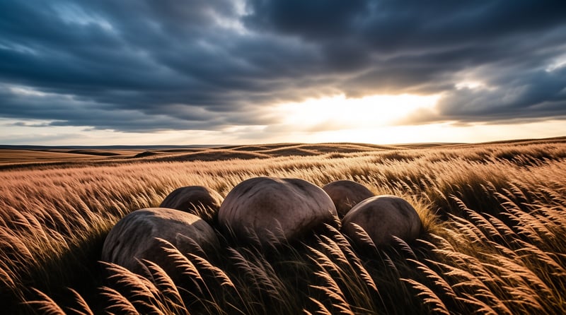 Rounded grey boulders rest among windblown golden grasses beneath a heavy storm sky lit by a breaking sun.
