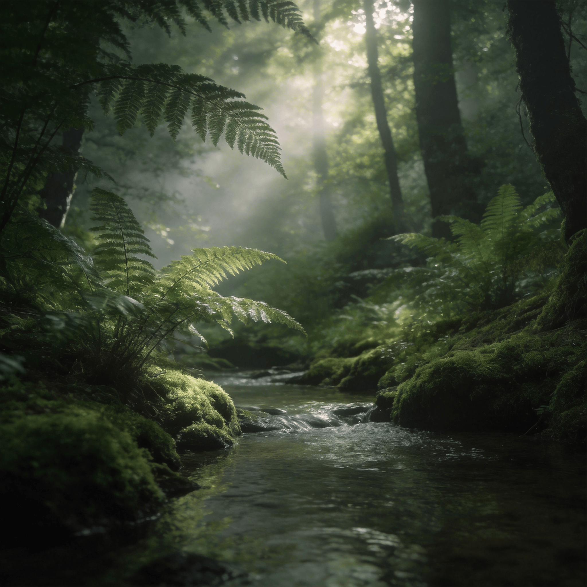 Tranquil Green Forest and Calm Stream