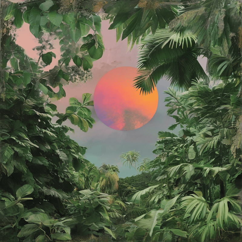 A large gradient sun hangs in a pink sky above a dense forest of green palm fronds and broad leaves.