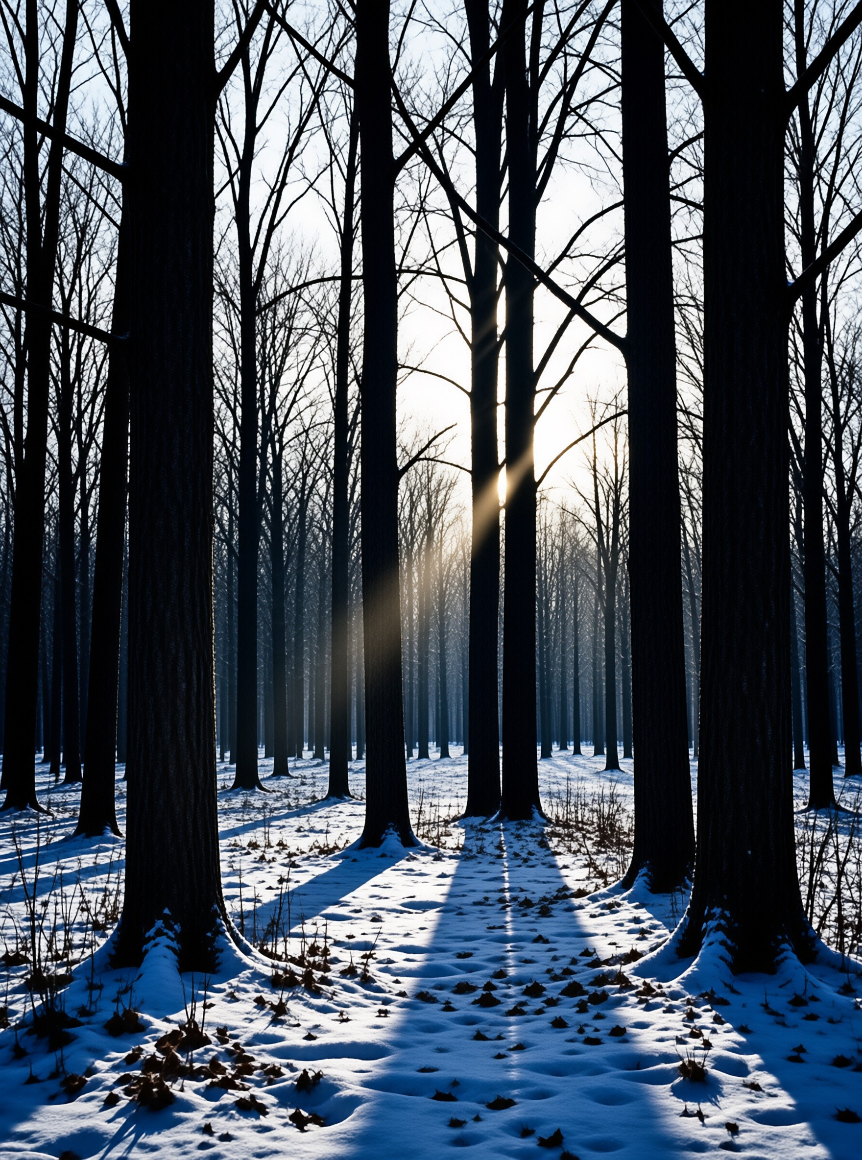 Tall leafless trees line a snow covered forest, sunbeams cut between trunks to cast long shadows on the bright winter snow.