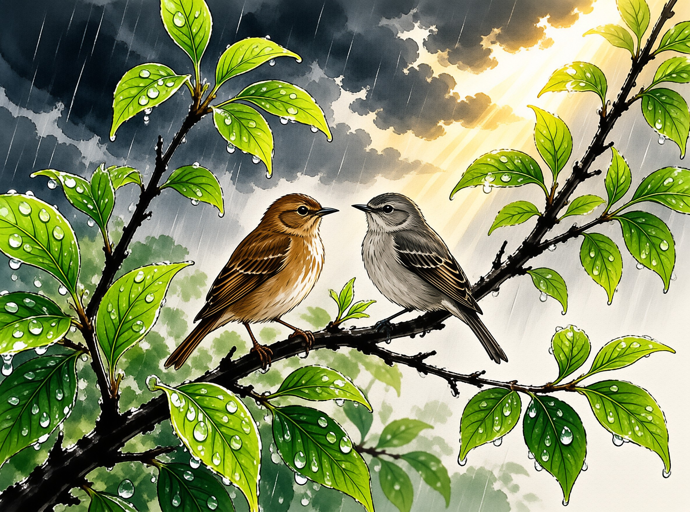 Two small birds stand on a tree branch covered in water droplets while rain falls and sunlight shines through dark clouds behind them.