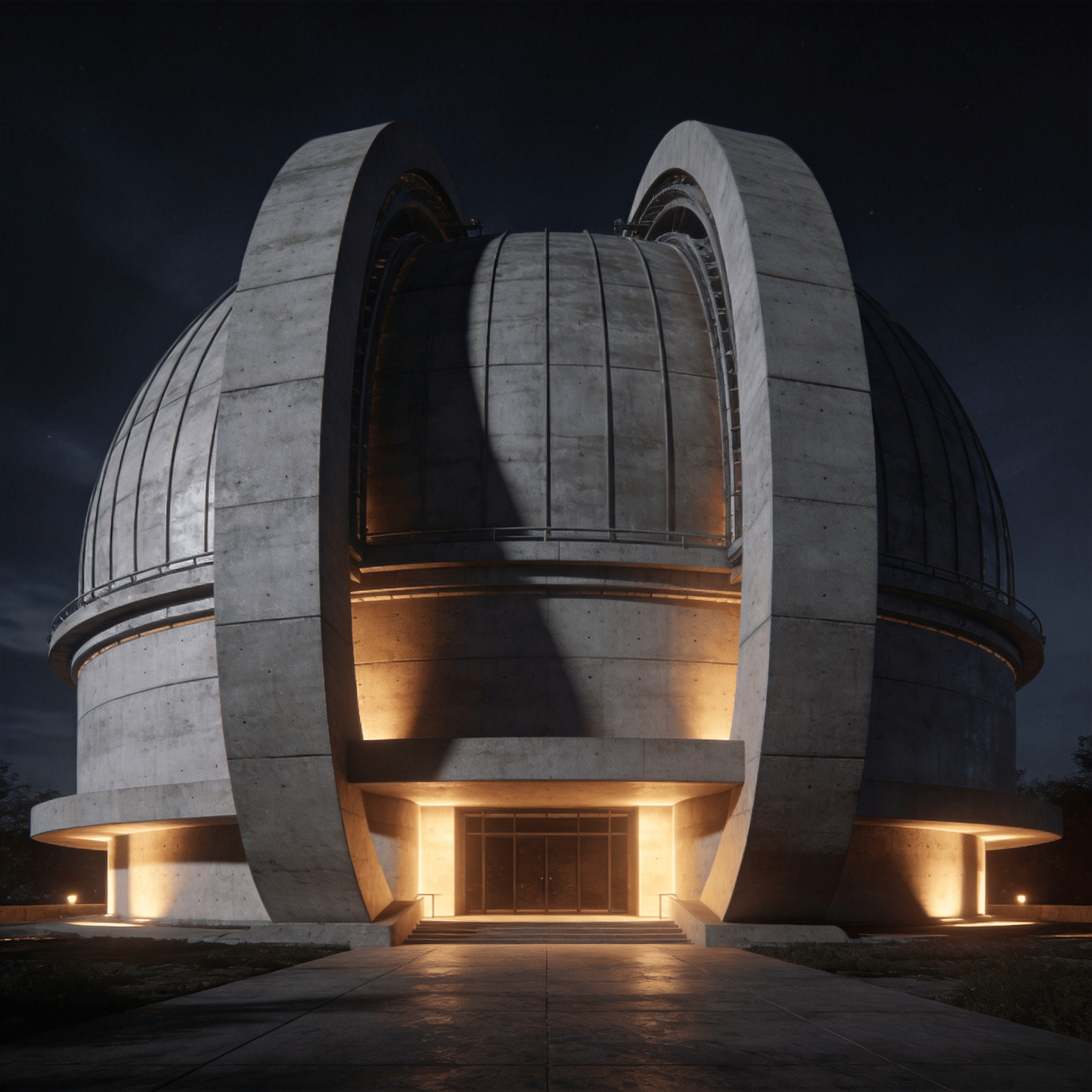 Observatory with Curved Concrete — Night With Warm Lights