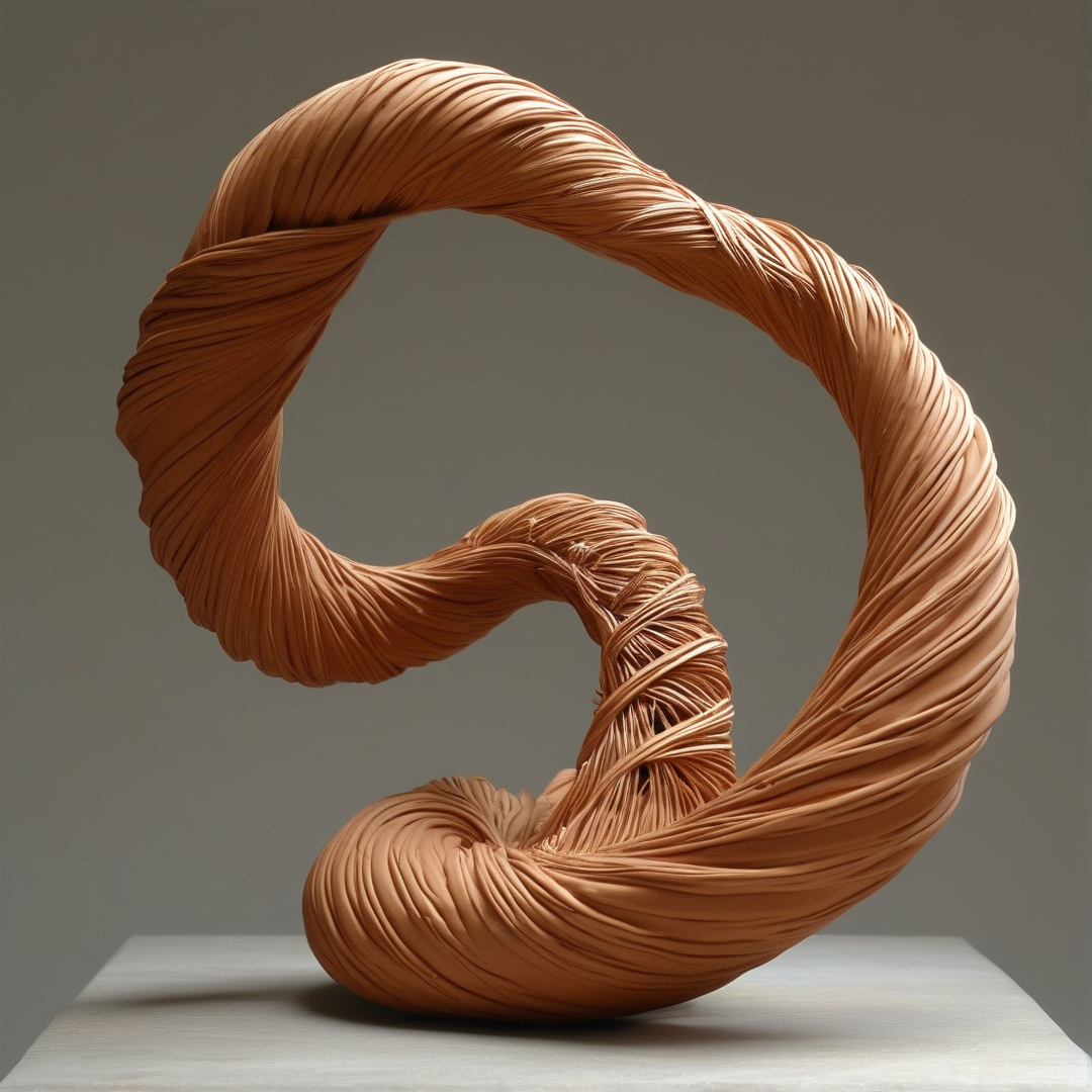 A twisted brown fibrous form rests on a gray surface with soft lighting highlighting its curved texture.