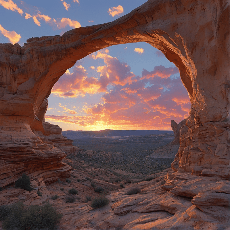 A natural rock arch glows orange at its rim while a fiery sunset sky and desert mesa stretch beyond in cool shade.