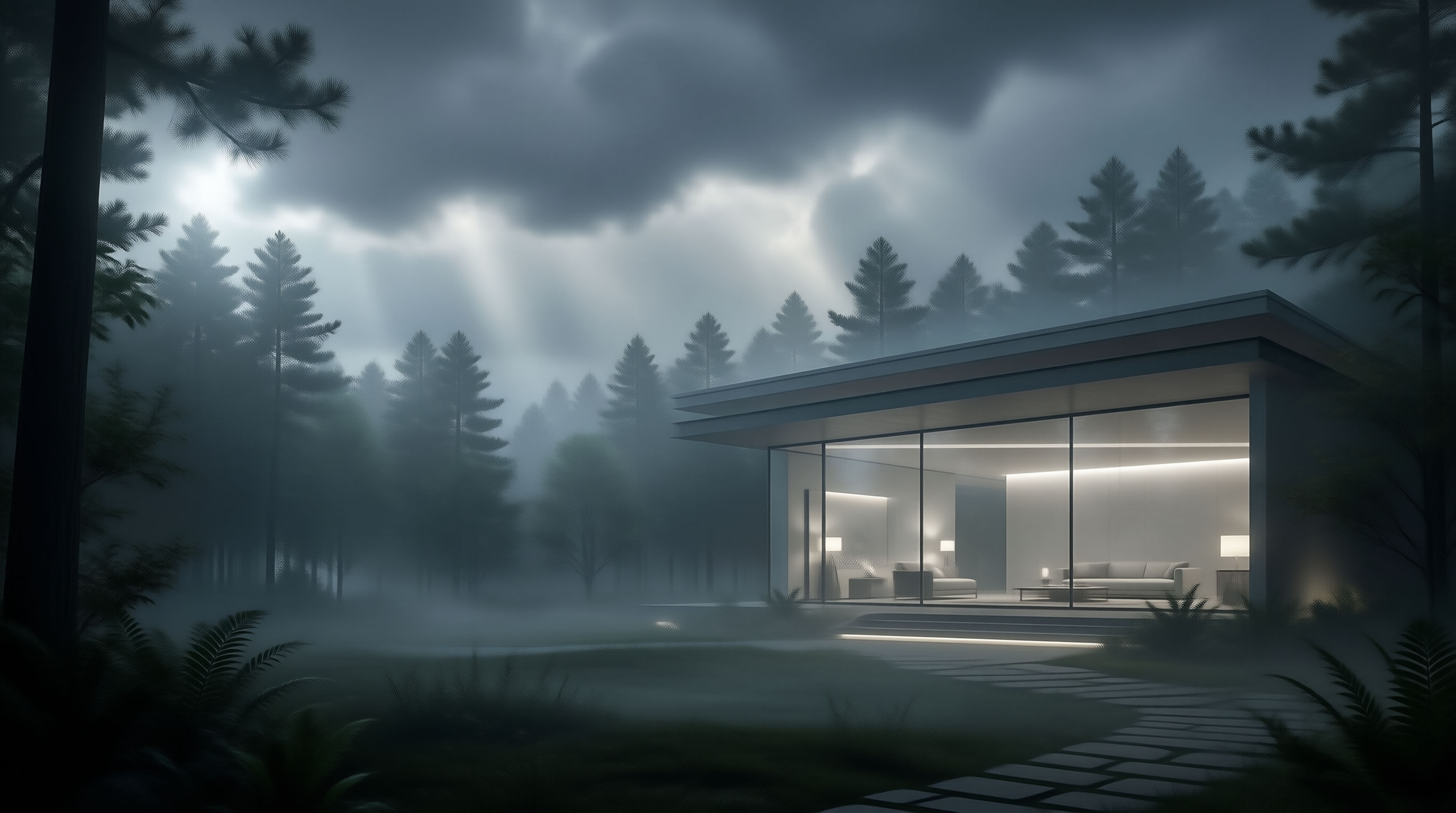 Modern House in Misty Forest