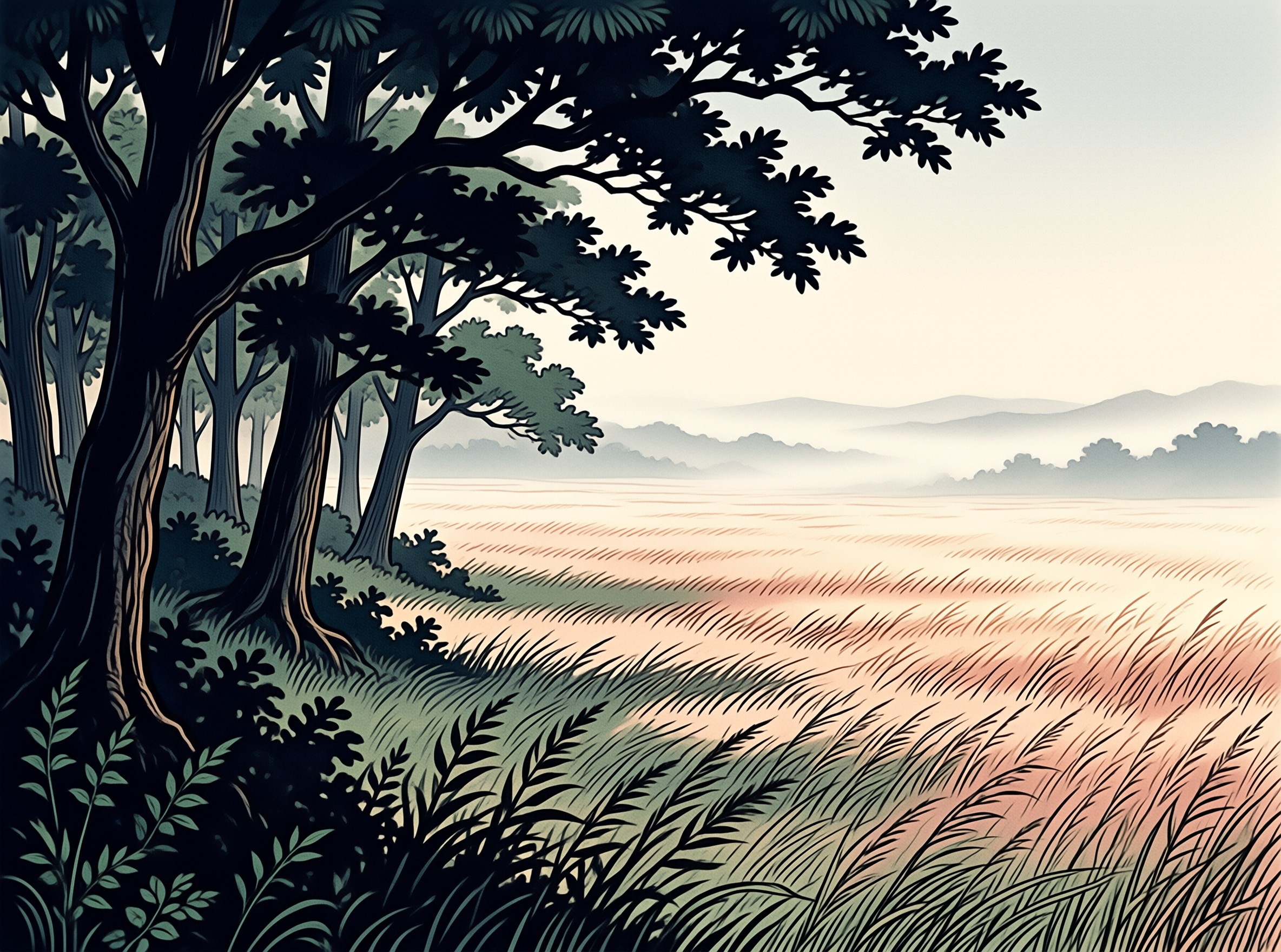 Stylized illustration of a forest edge framing a wide field of tall grass illuminated by soft pink dawn light.