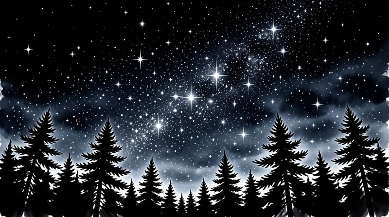 A glittering night sky full of stars spreads above a black silhouette of evergreen trees.