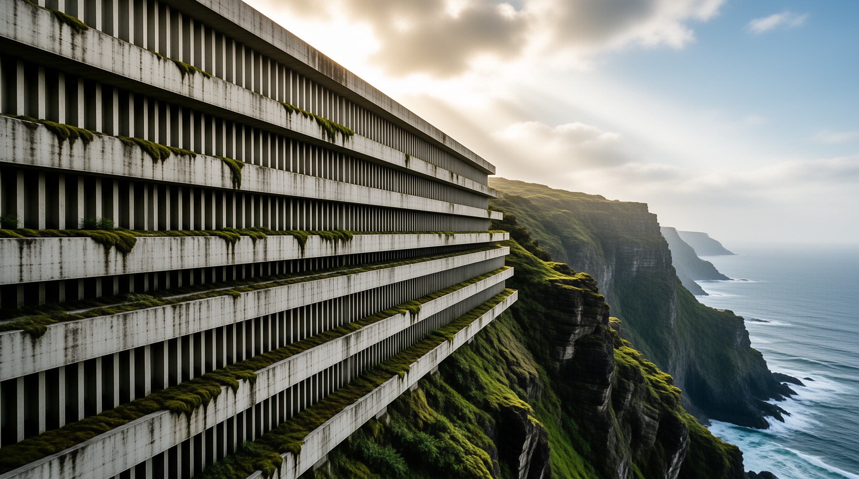 A massive weathered concrete building with mossy ledges sits on a steep green cliff above the ocean under a cloudy sky