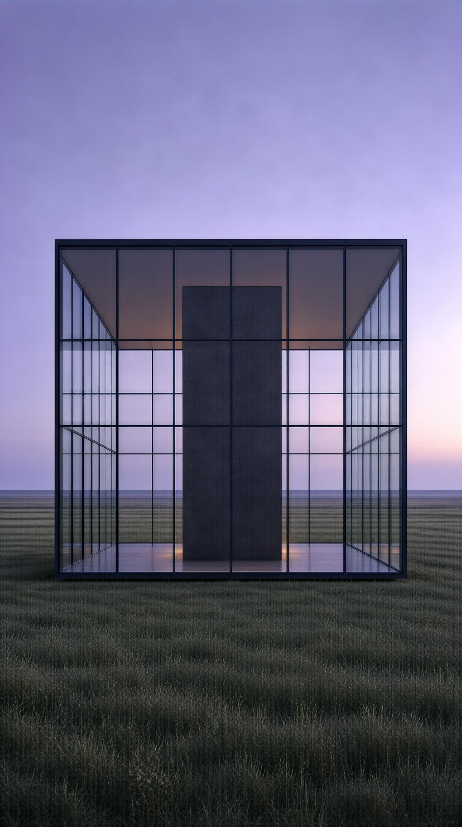 Modern Glass Cube in Open Field