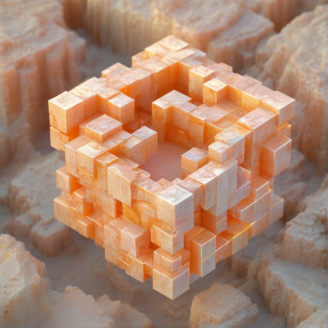 A geometric orange structure resembling a crystal cube hovers above a blurred rocky landscape bathed in soft golden light.