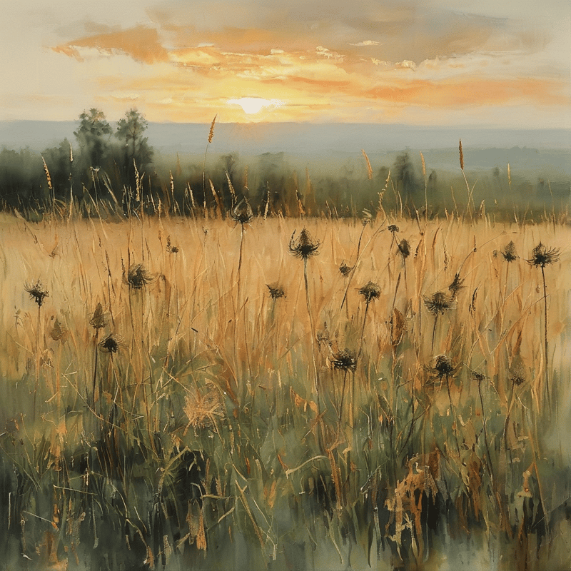 A painterly view of a grassy meadow with seed heads silhouetted against a bright orange sky and distant trees.