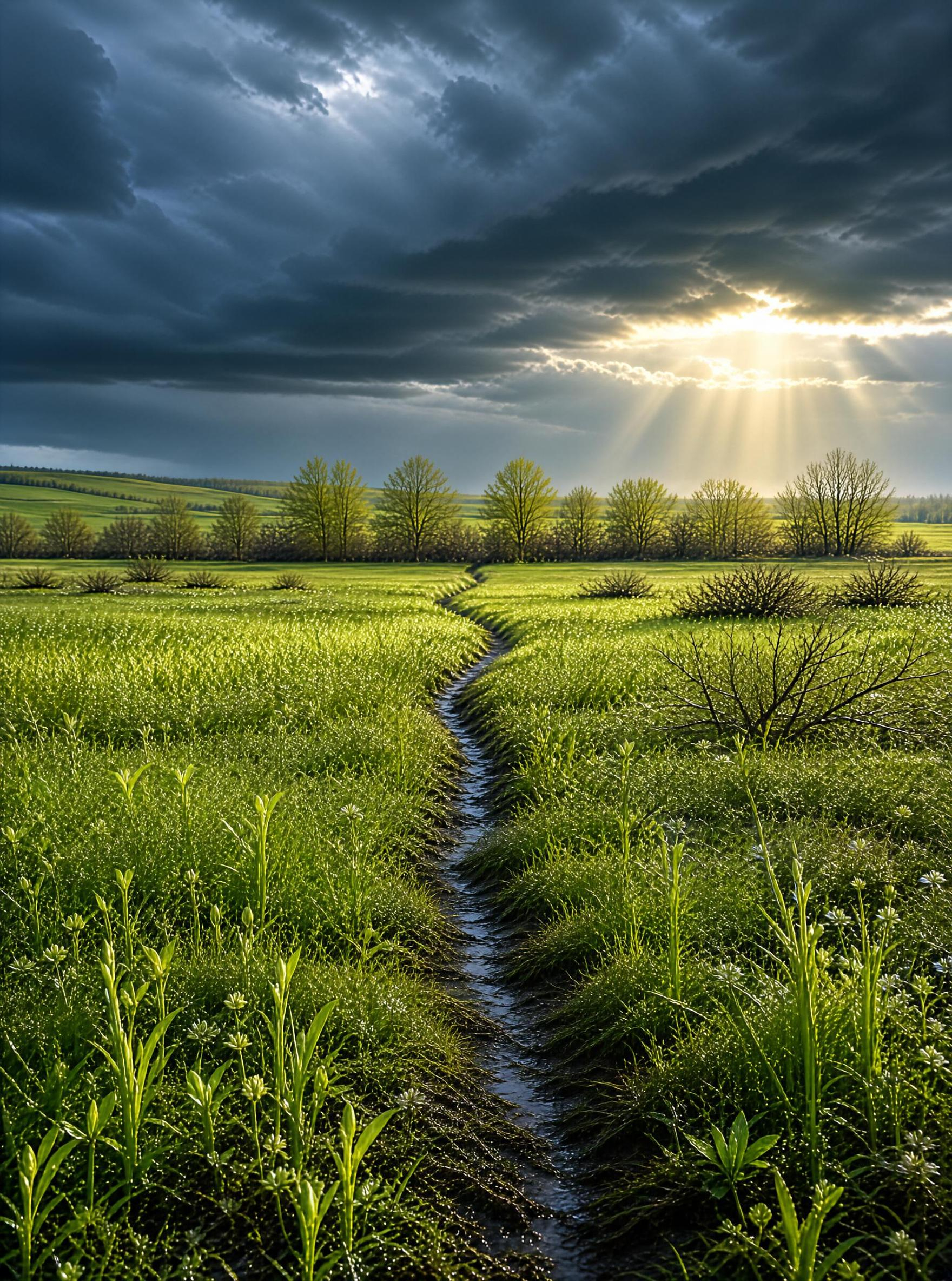 Sunbeams Over Green Field Path