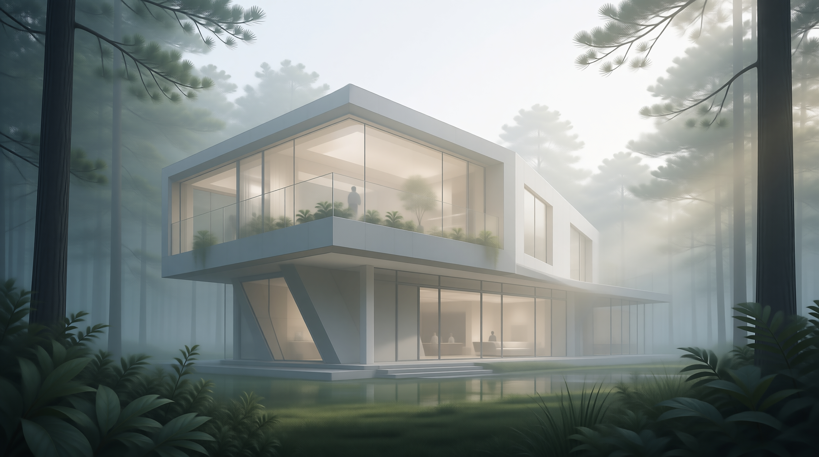 Modern House in Misty Forest