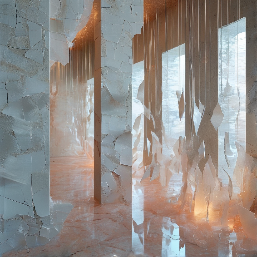 Cracked mirror panel colonnade reflects warm interior lighting, jagged broken edges cast soft amber hues over polished flooring