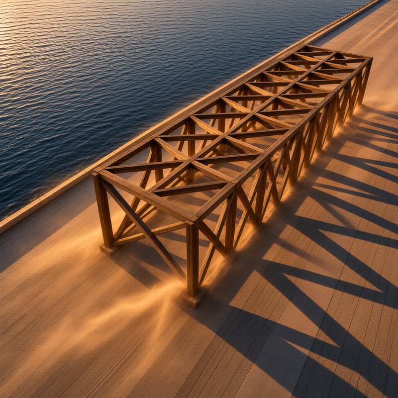 A wooden lattice canopy stretches along a boardwalk, throwing sharp geometric shadows across warm planks at sunset.