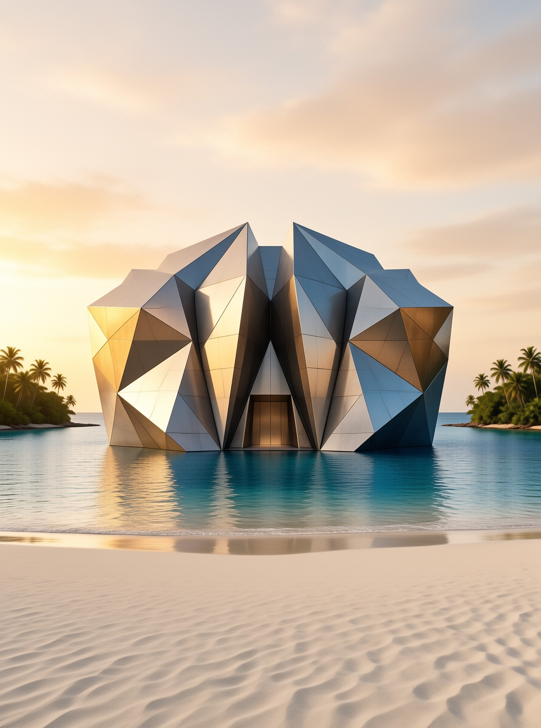 A faceted metal pavilion stands in calm turquoise water near a sandy beach with palm trees at sunset.