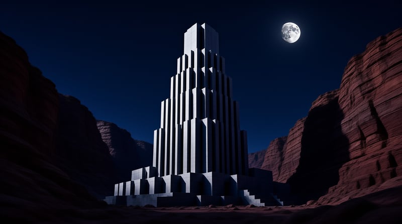 A stepped white skyscraper-like monolith stands in a dark red rock canyon beneath a bright full moon at night