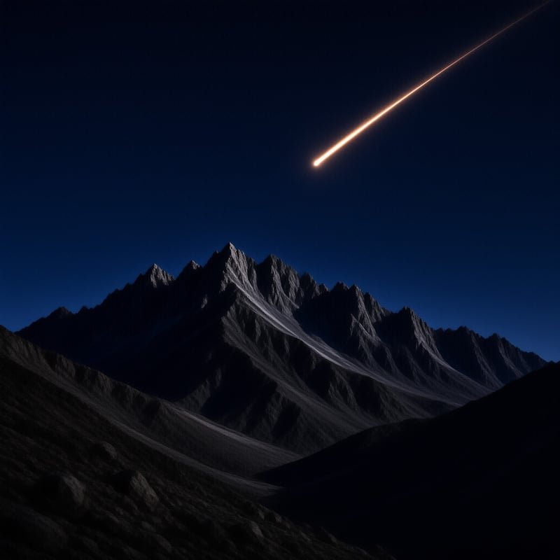 Bright orange meteor streaks across dark indigo night sky above jagged rocky mountain peaks, faint light illuminates the sharpest ridges.