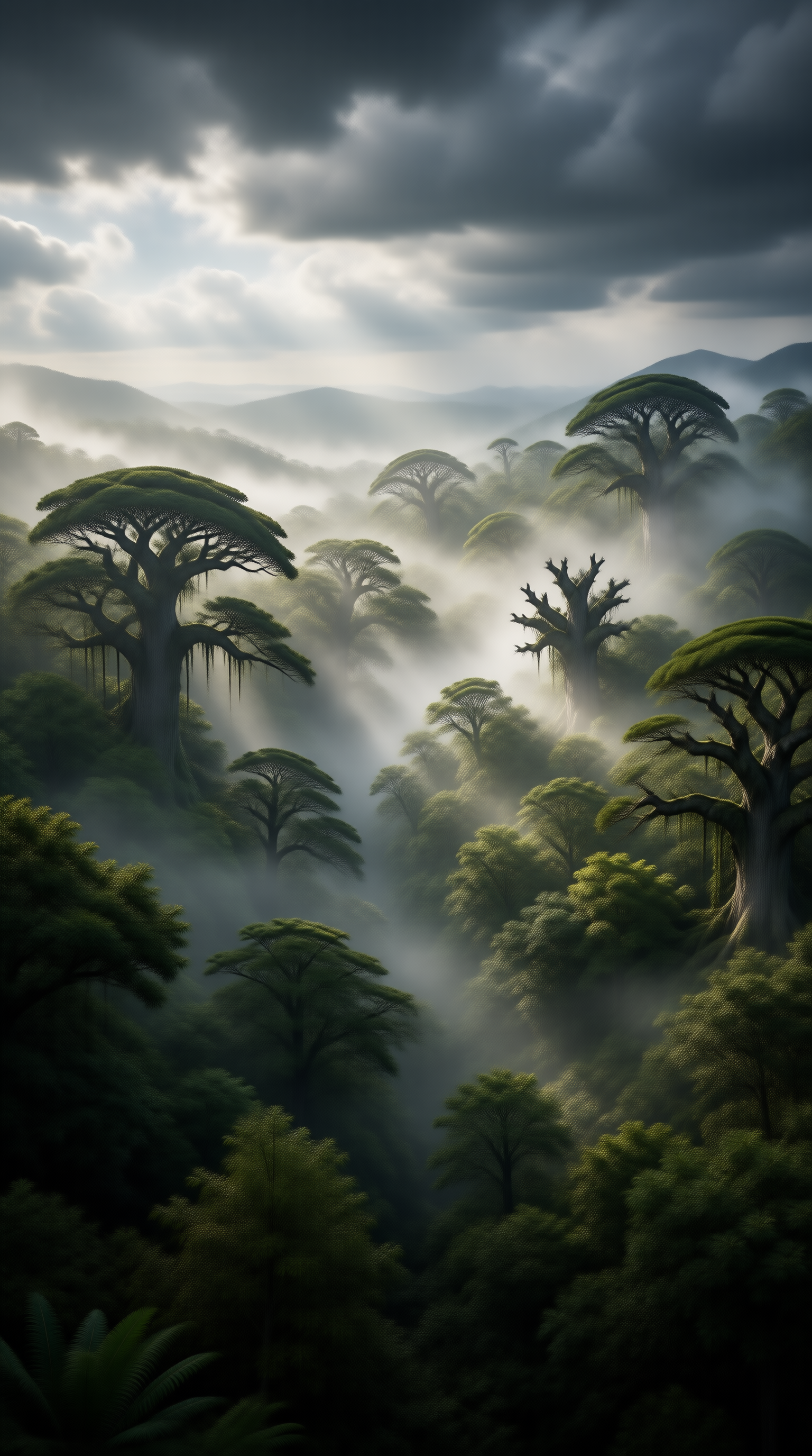 Misty Primeval Forest Landscape