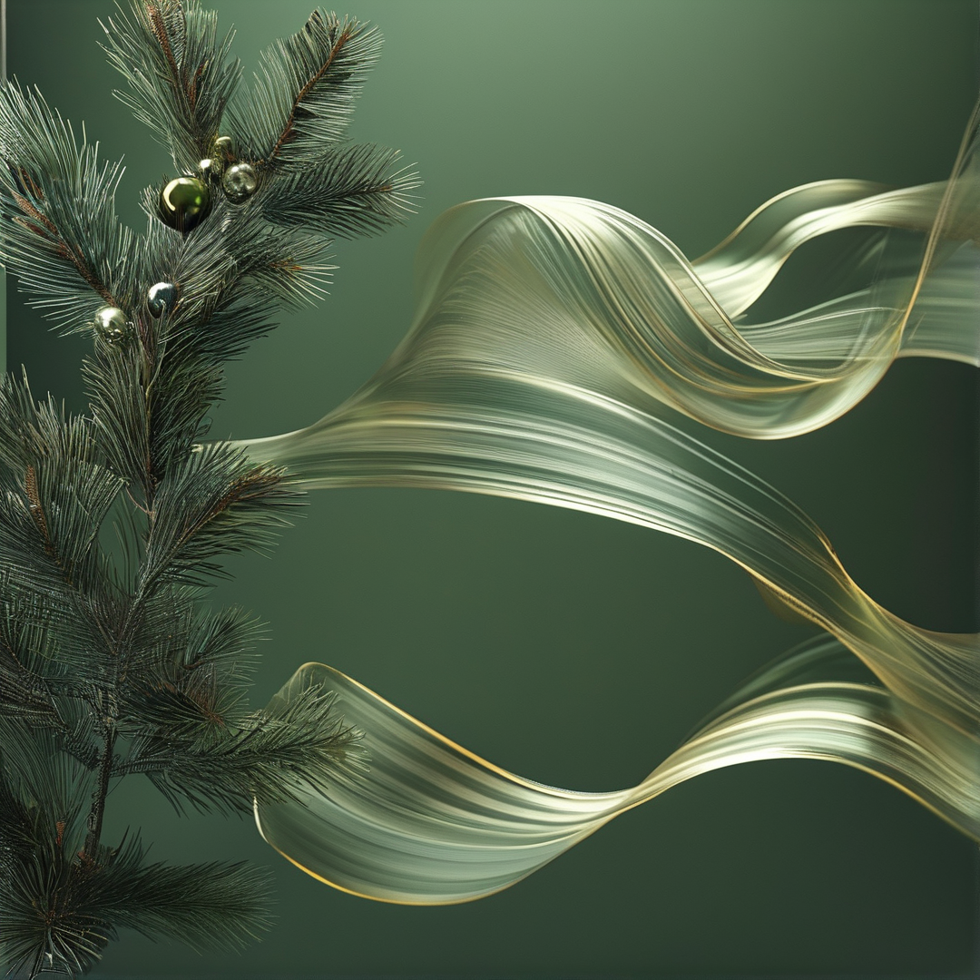 Dark green pine branches with metallic baubles sit beside flowing pale green ribbons that swirl elegantly through the air.
