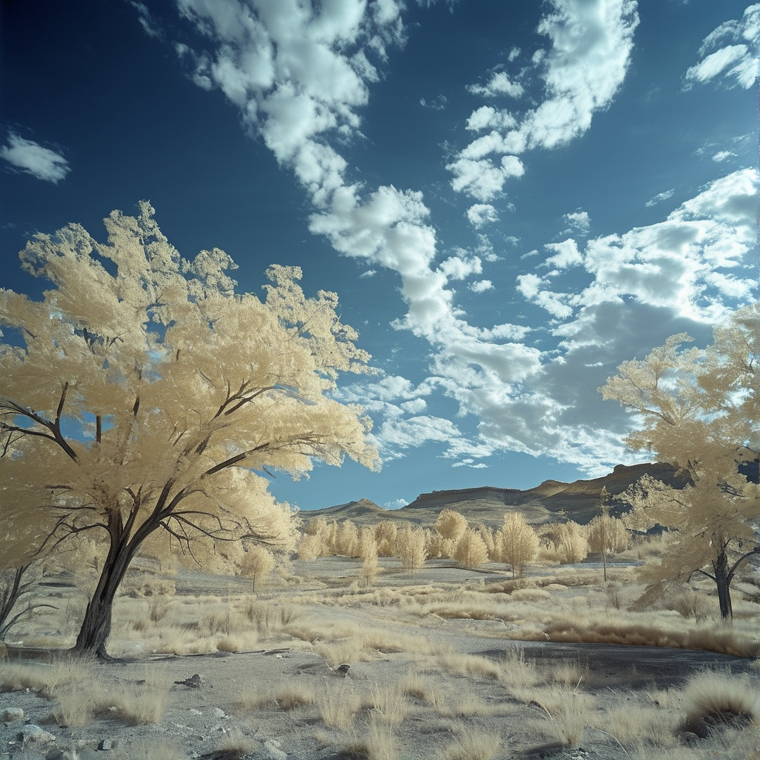 Pale trees with creamy foliage stand in an arid valley under a vibrant blue sky scattered with clouds.