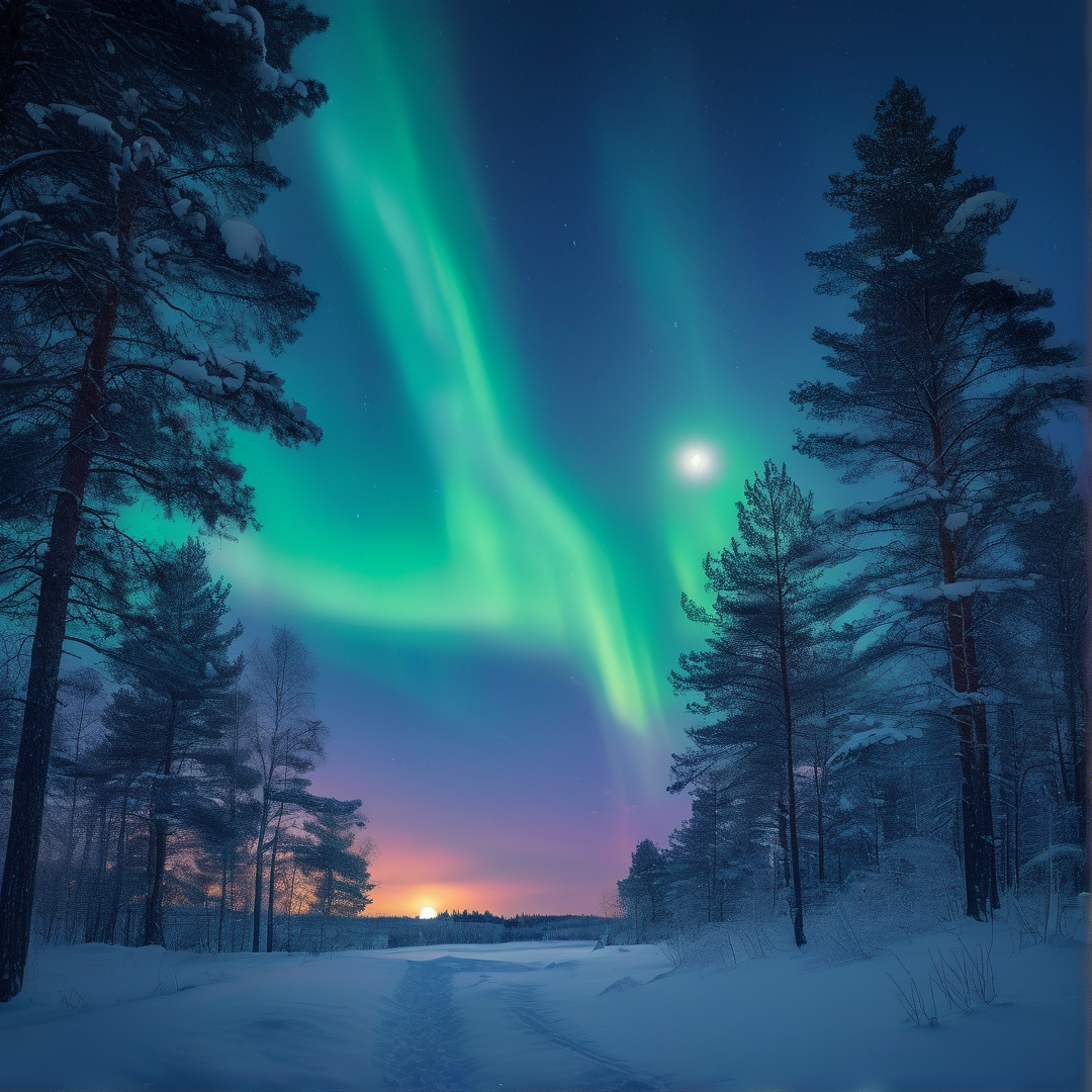 Green Aurora in Snowy Forest