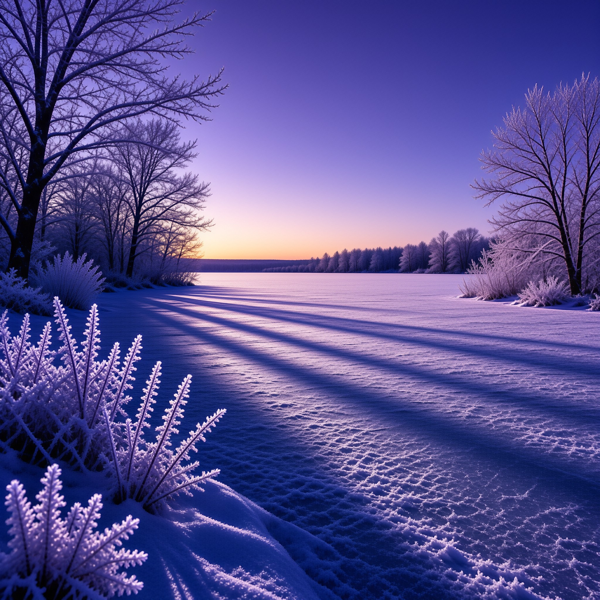 Long shadows from frosted trees stretch over an icy lake under a deep violet evening sky.