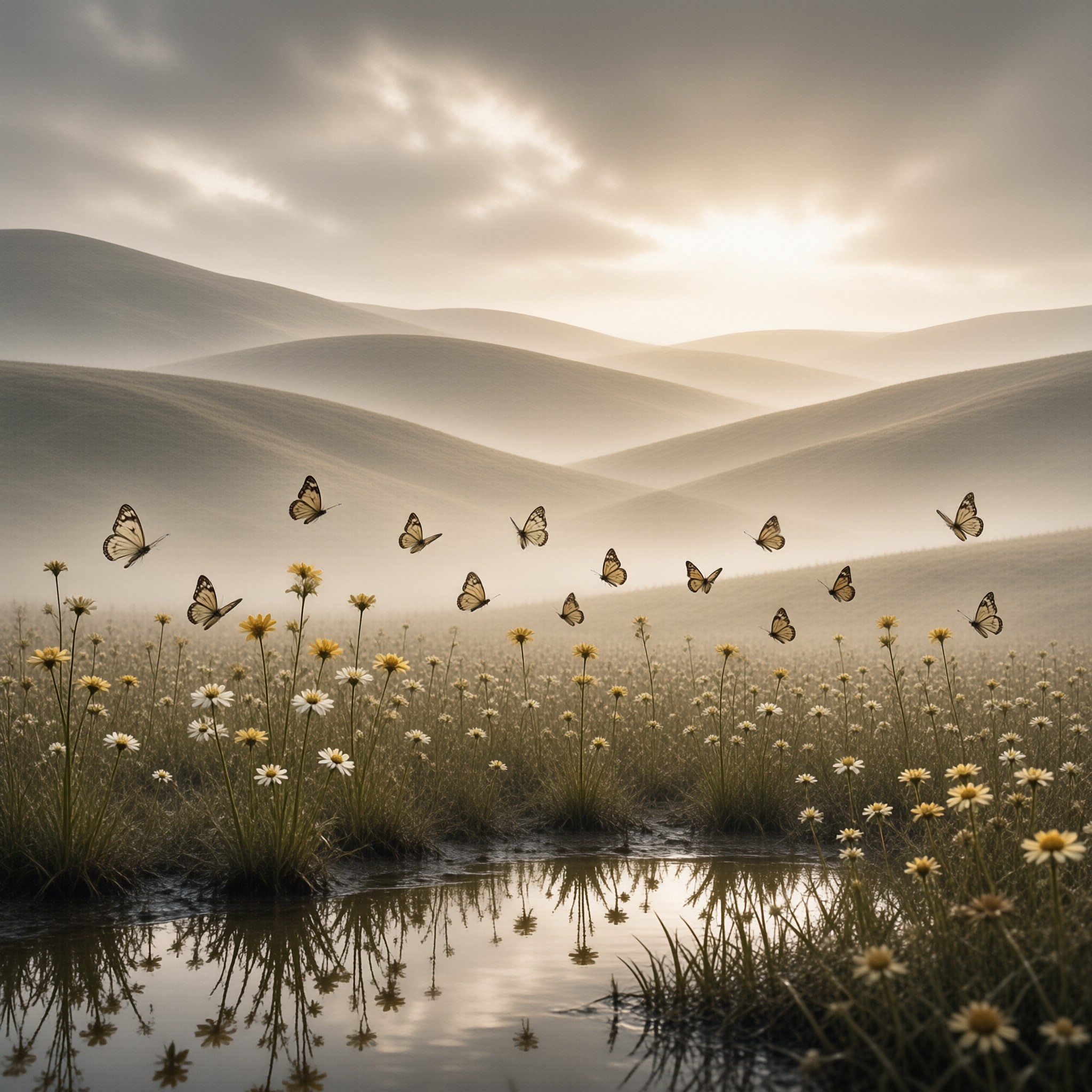 Orange butterflies fly above wildflowers near a reflective pond with rolling hills in the misty background.