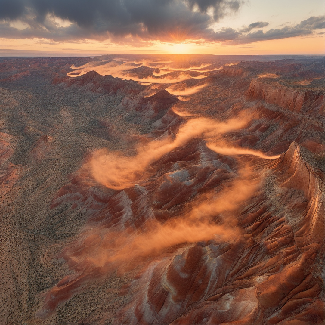 Red desert canyons glow at sunset while swirling dust drifts through eroded terrain and valleys across the wide landscape.