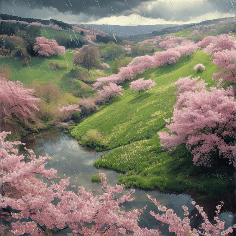 A winding river flows through grassy hills dotted with pink cherry trees under a stormy sky