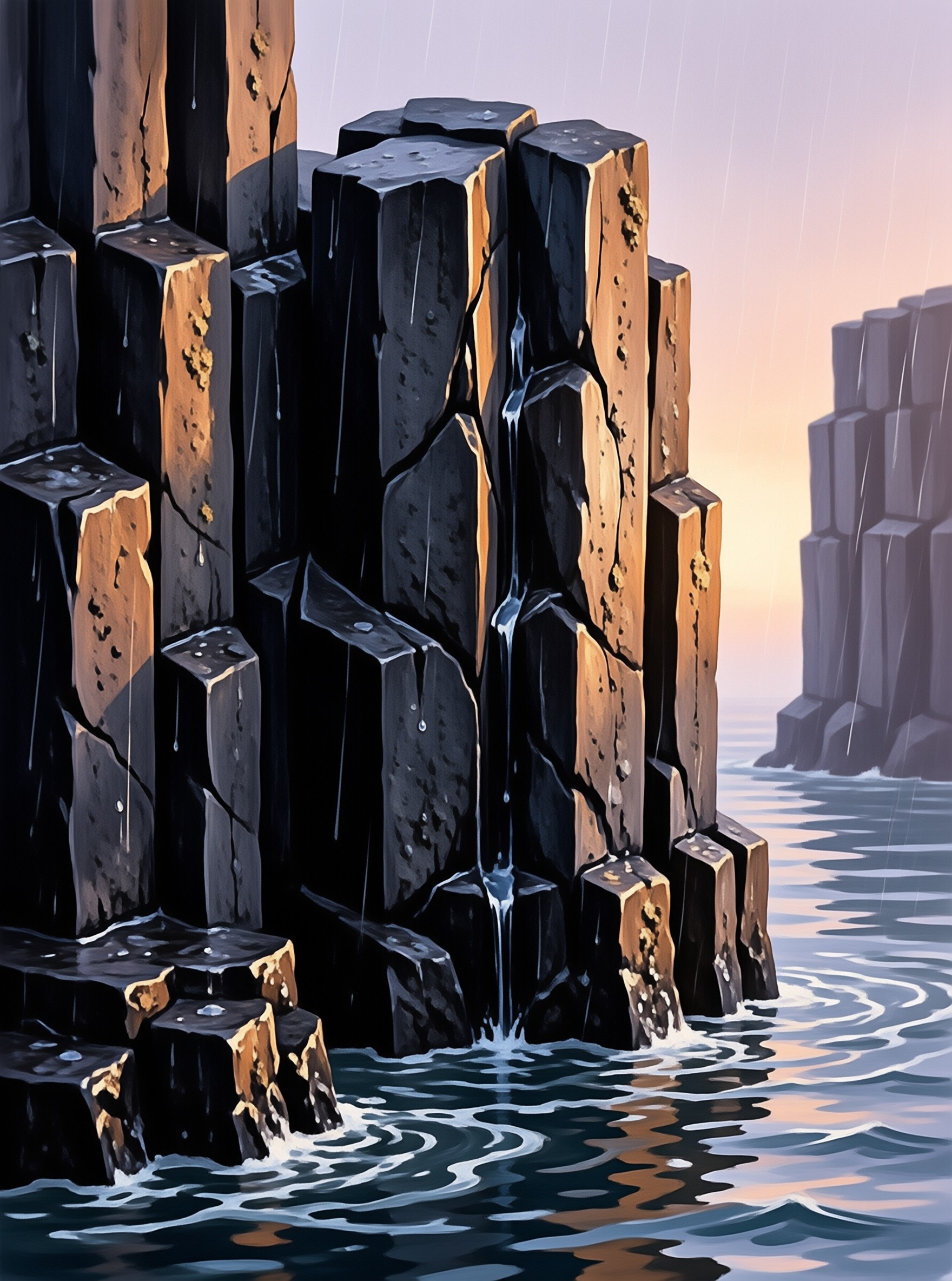 Wet dark stone pillars rise from the ocean surface beneath a soft gradient sky and light rain.