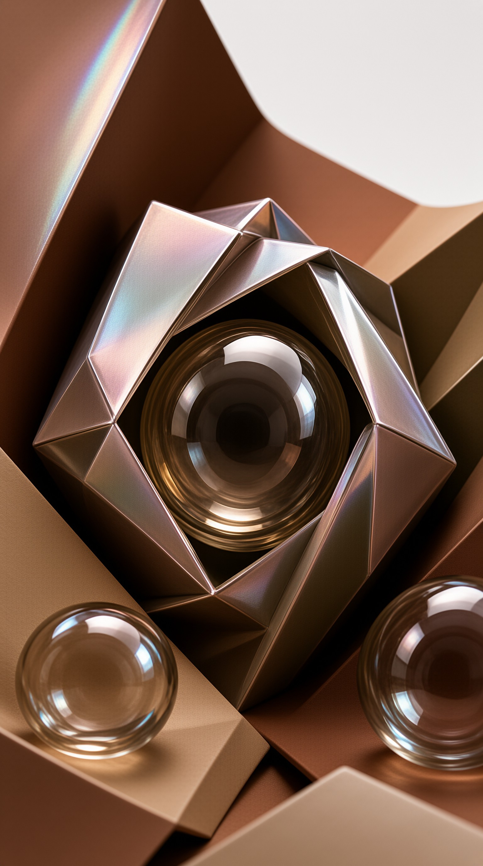 A faceted iridescent container holds a large amber glass sphere while two smaller orbs rest on geometric planes.