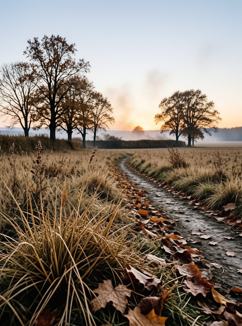 A dirt trail winds through a grassy meadow lined with trees while the sun rises over a misty horizon.