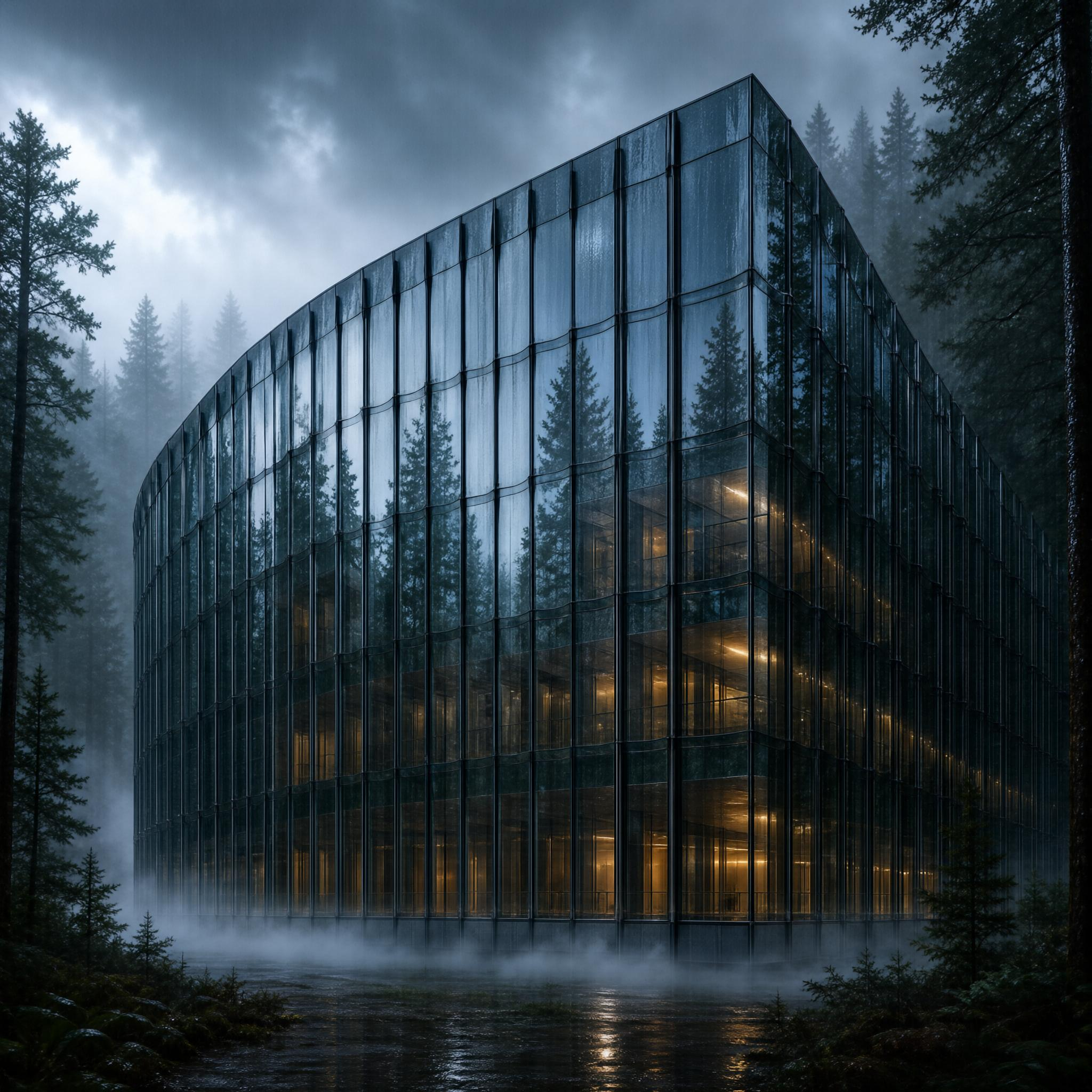 Misty Glass Building in Woods