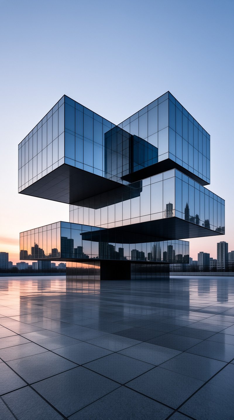 A sculptural blue glass building composed of stacked cubes stands on a rain-slicked paved plaza during sunset.