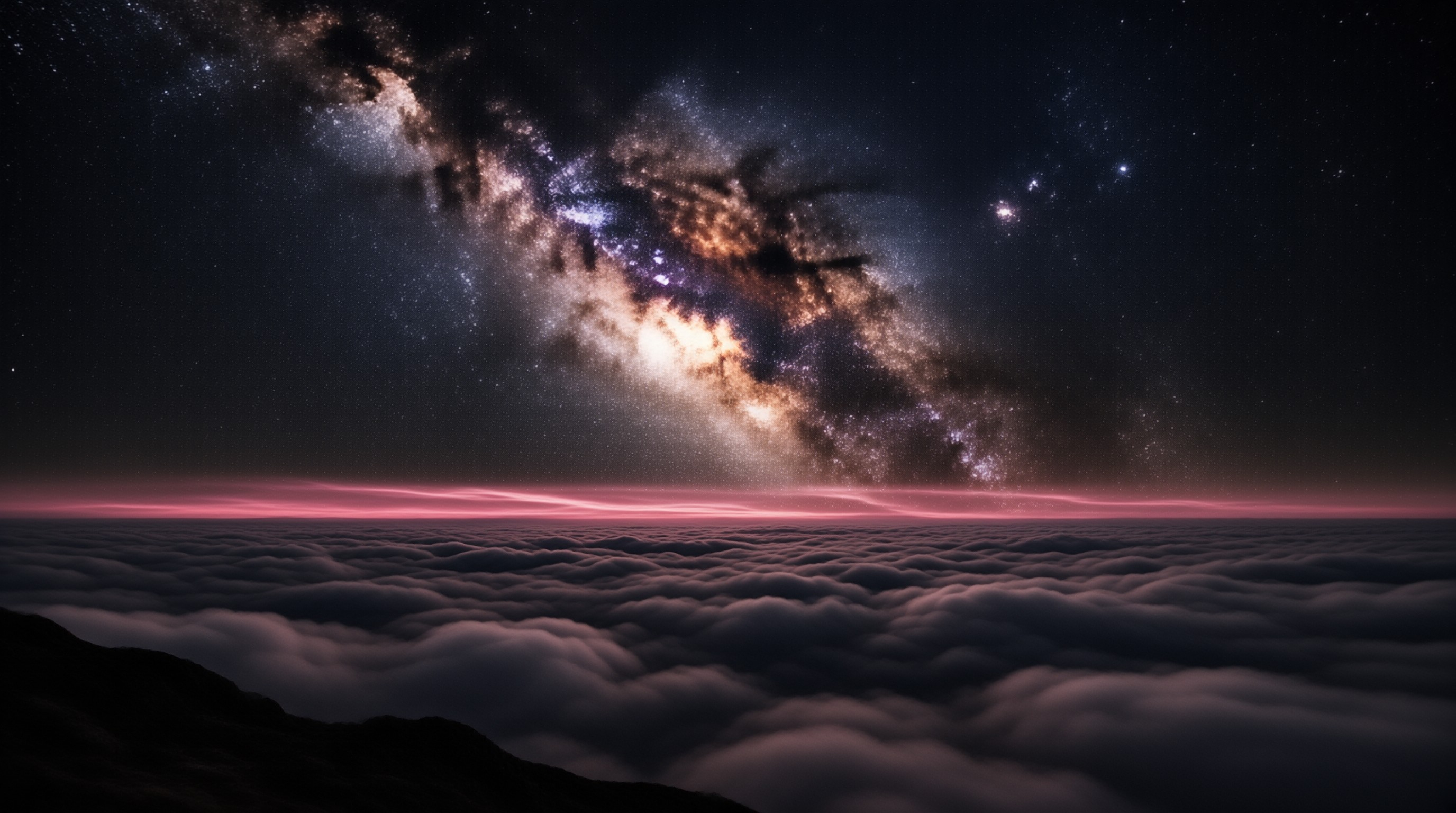 A starry Milky Way arches over a dark sea of clouds separated by a glowing pink horizon line.