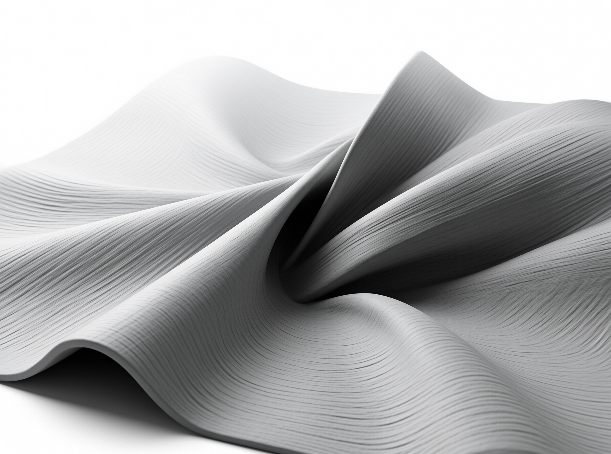 A sheet of ribbed gray material rises and folds into soft twisted waves against a bright white backdrop.