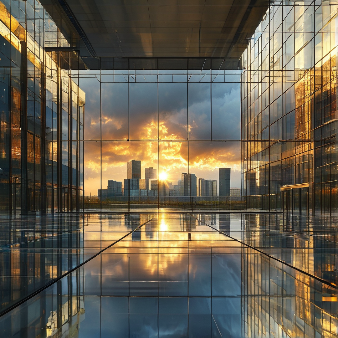 A reflective glass corridor leads to a view of a city skyline at sunset with dramatic clouds and warm light.